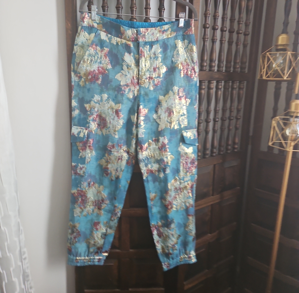Anthropologie Teal Floral Cargo Ankle Pants
